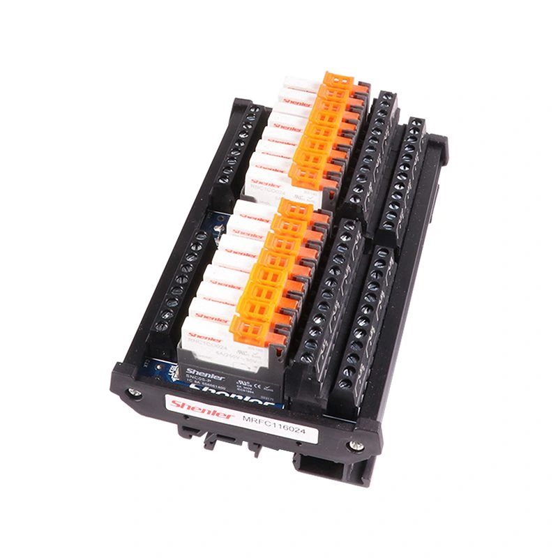 Sixteen-channel PLC relay interface module on a white background, representative family view