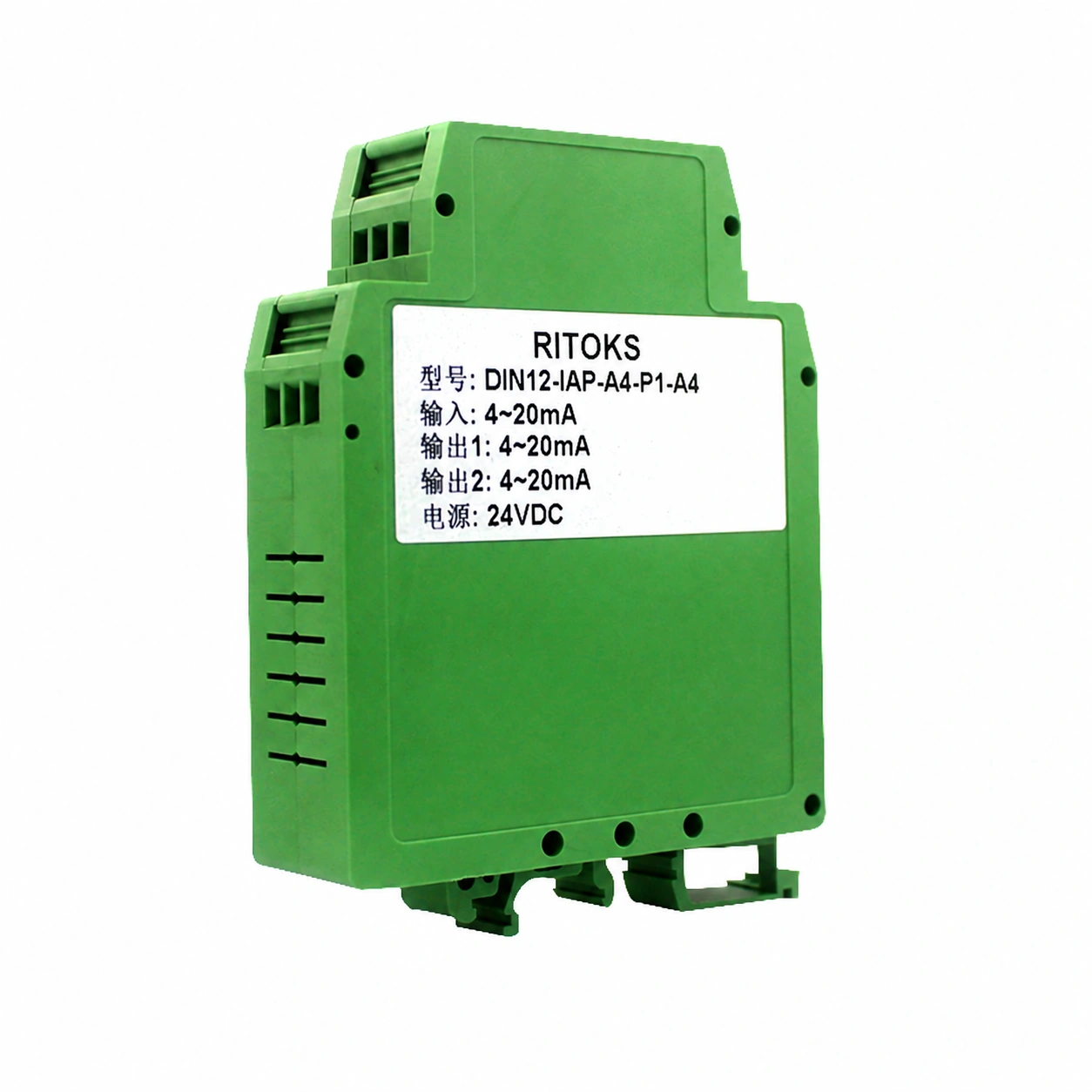 RITOKS एनालॉग सिग्नल स्प्लिटर, हरे DIN-रेल हाउसिंग और 4–20mA, 24VDC लेबल के साथ