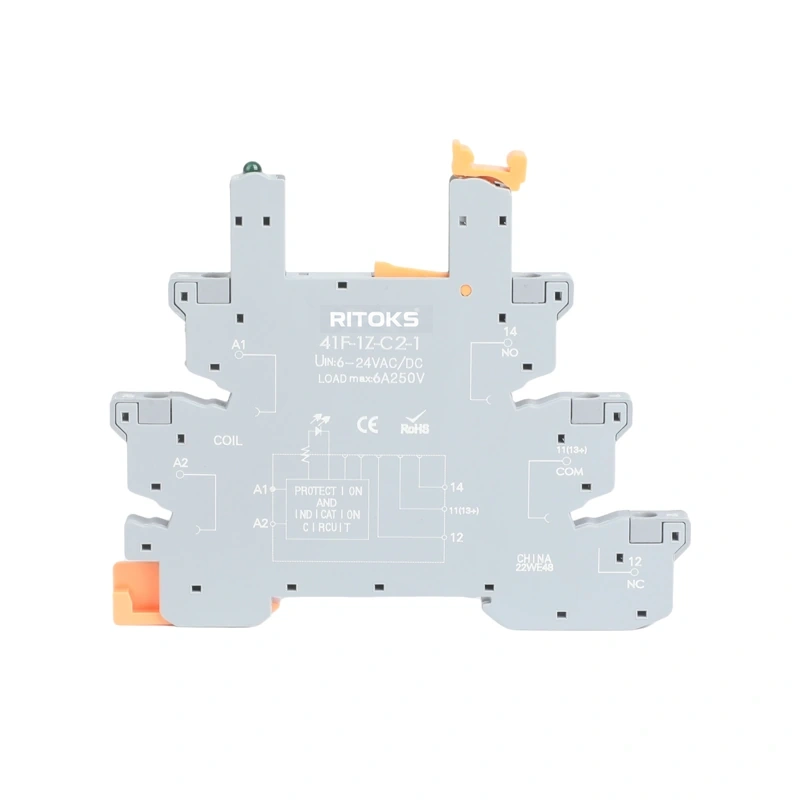 Slim screw-terminal relay interface base in side view; a complete relay assembly is not shown