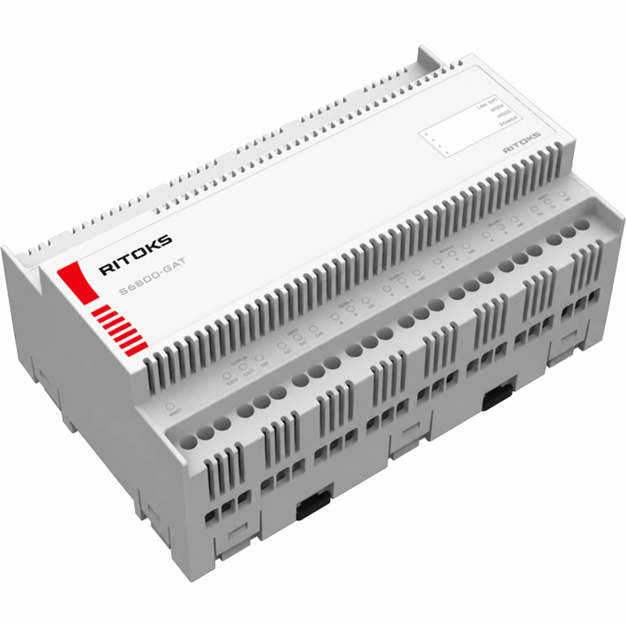 RITOKS Modbus gateway with white DIN-rail housing and multiple terminal interfaces