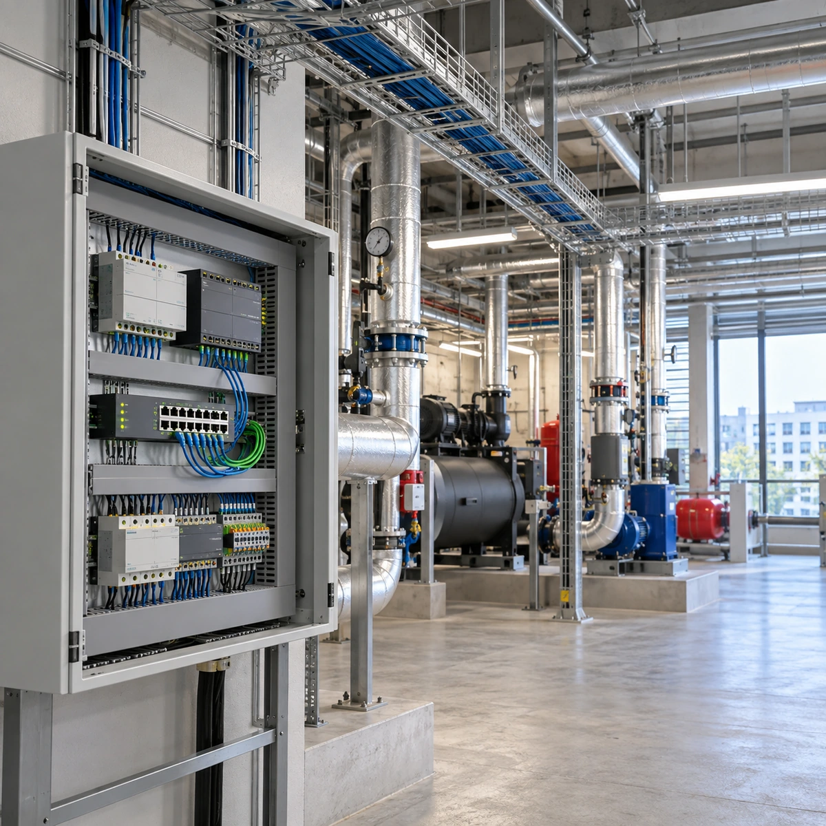 AI conceptual plant-room control cabinet and pumps; not an exact installation of the relay-output board