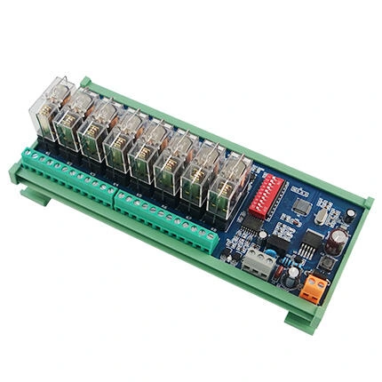 Eight-channel RS485 relay-output board with green terminals and plug-in relays on a white background