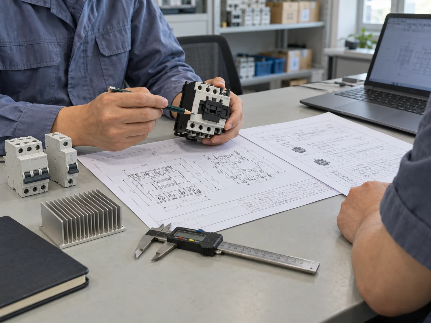 Electrical component sample compared with technical drawings at a workbench