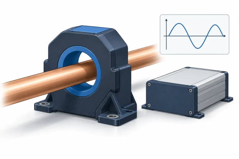 Editorial illustration of a conductor through a generic aperture current sensor beside acquisition equipment and a schematic waveform