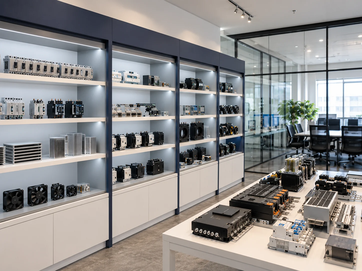 Industrial electrical component display shelves and sample table