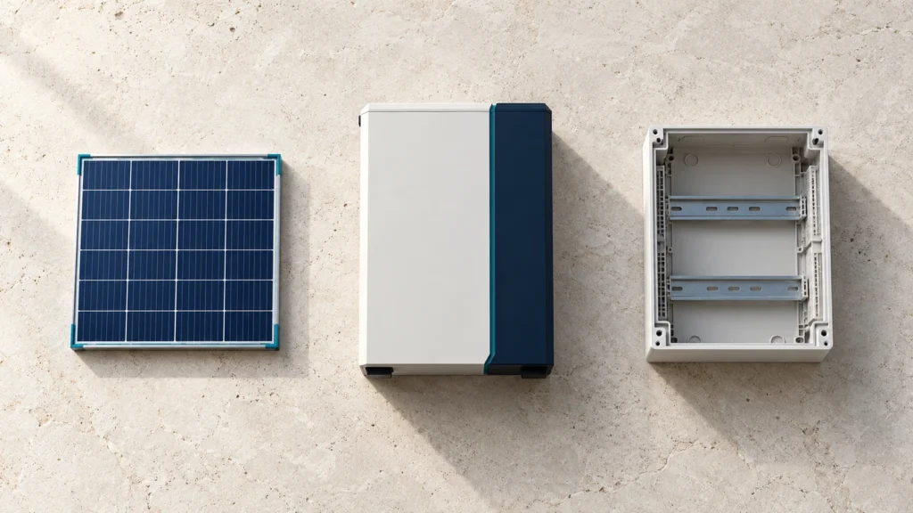 Conceptual unconnected PV panel, battery and DIN-rail enclosure study