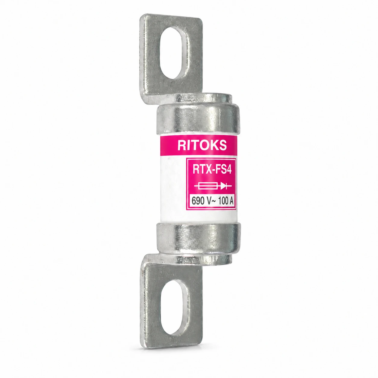 RITOKS RTX-FS4 bolted fast-acting semiconductor fuse with slotted end tags on a white background