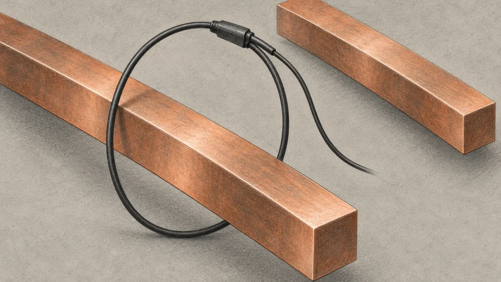 Thin flexible cable-loop concept surrounds one rectangular conductor while another stays outside in a graphite illustration
