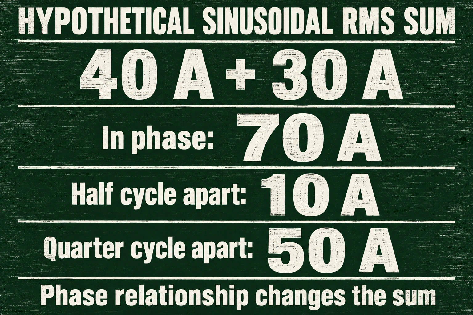 Hypothetical 40 A and 30 A sinusoidal RMS inputs sum to 70, 10 or 50 A according to phase relationship