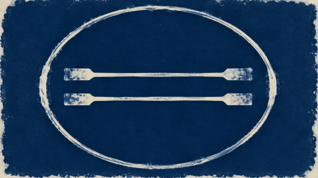 Indigo cyanotype loop impression encloses two white crossing traces in an abstract contact-print composition