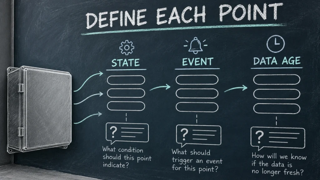 Chalkboard planning illustration with state, event and data age questions beside a generic enclosure