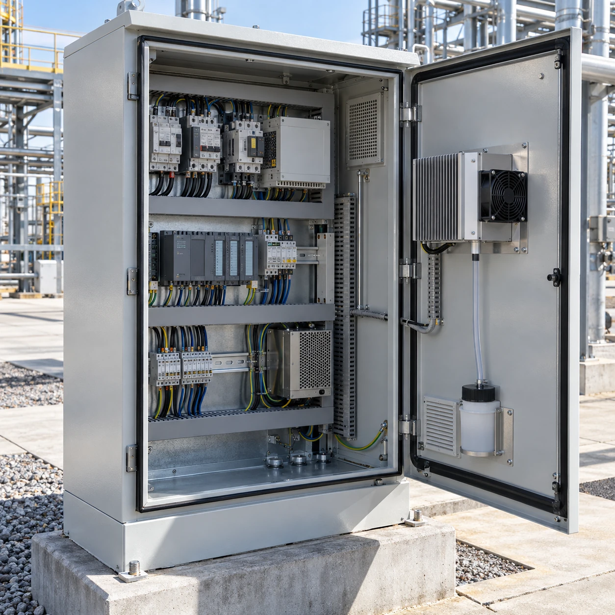 AI-generated conceptual application scene: semiconductor dehumidifier managing condensation in an outdoor switchgear cabinet