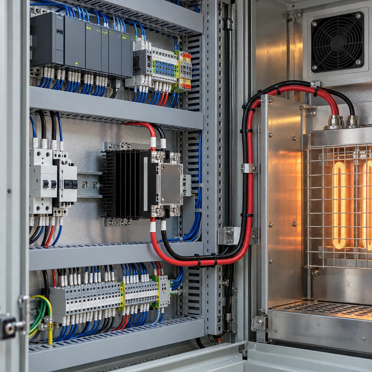 AI-generated conceptual application scene: solid-state relay with heatsink controlling a resistive heater in an industrial cabinet