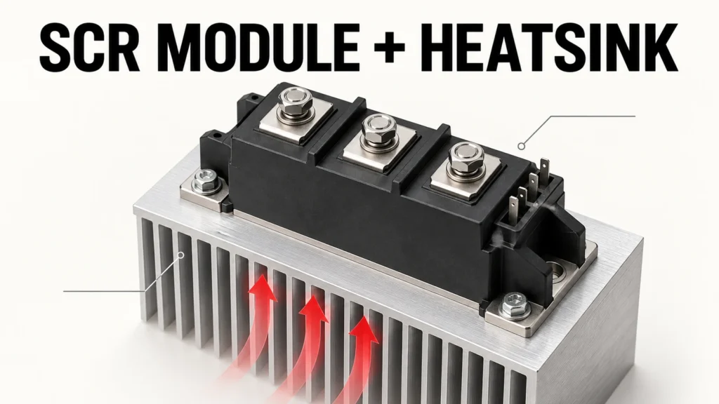 Modulul editorial SCR montat pe un radiator cu aripioare, prevăzut cu marcaje ale traseului termic