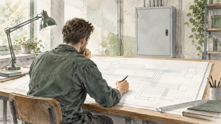Watercolour of an engineer viewed from behind studying circuit records at a drafting board beside a closed cabinet.