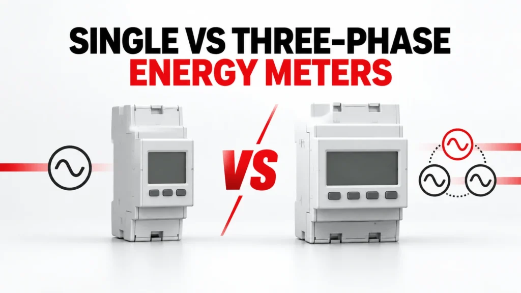Editorial technical hero for Single-Phase vs Three-Phase DIN Rail Energy Meters
