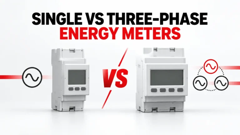 Editorial technical hero for Single-Phase vs Three-Phase DIN Rail Energy Meters