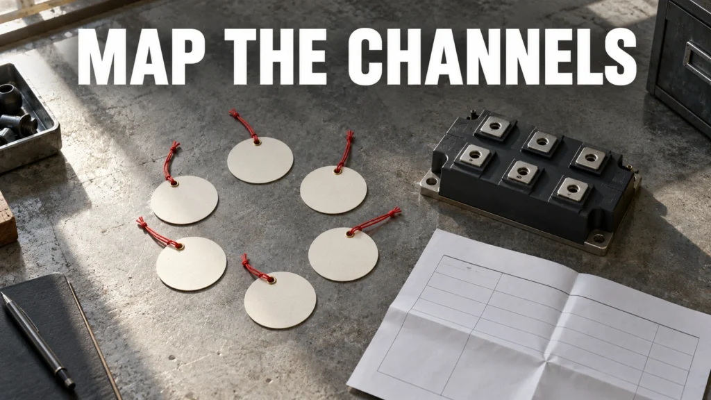 Six blank archival channel tags beside a generic disconnected semiconductor module and mapping folio