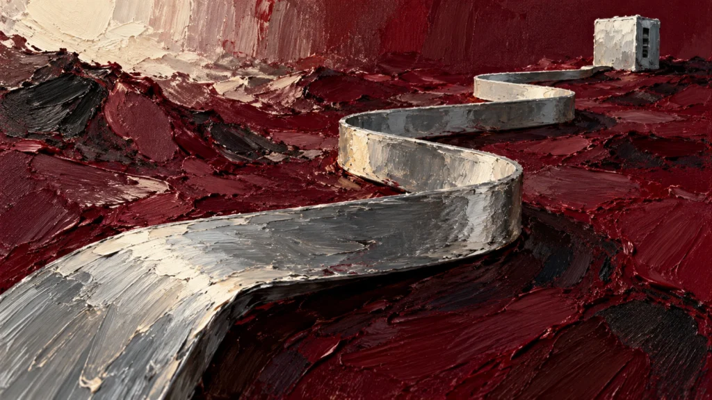 Impasto oil painting of a broad winding silver strip across burgundy ground toward a small generic white module