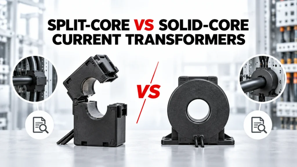 Split-Core vs Solid-Core Current Transformers editorial hero graphic