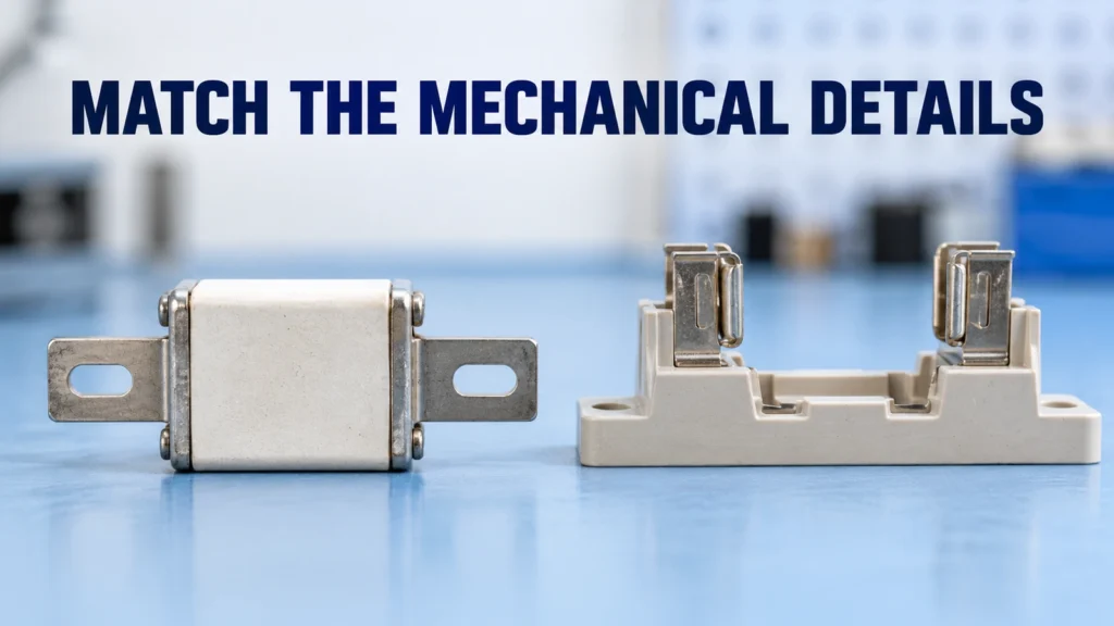 Generic square ceramic fuse separated from an empty fuse base on an inspection bench