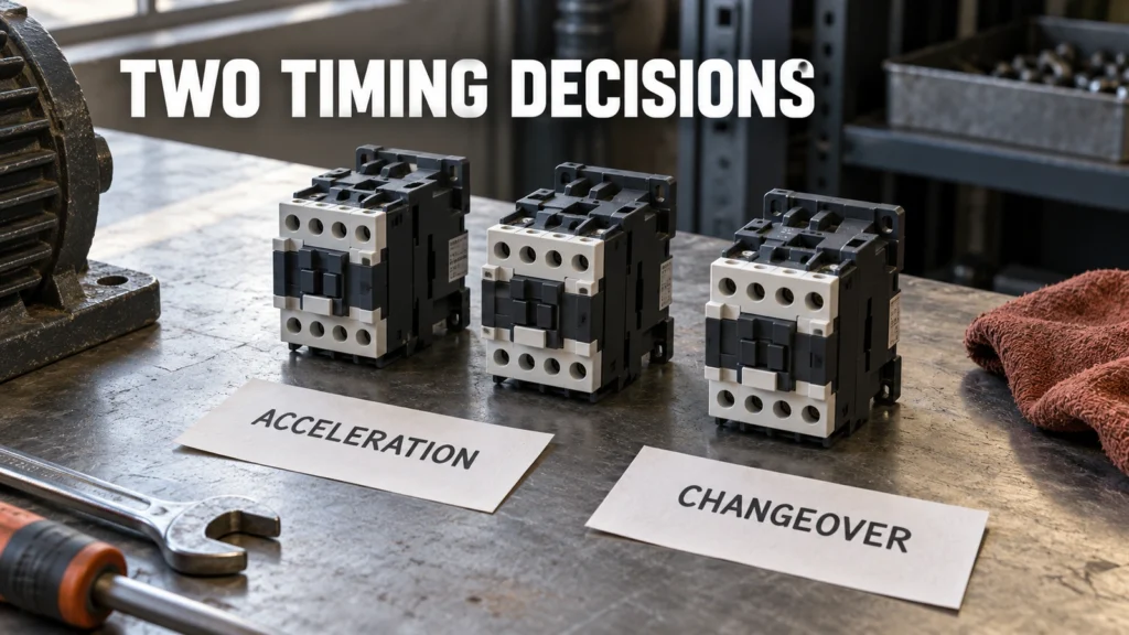 Unconnected generic contactors on a workshop bench beside acceleration and changeover tabs