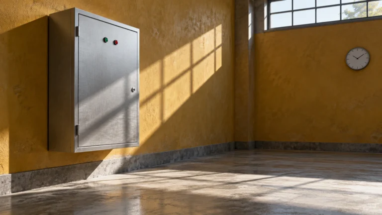 Closed steel electrical cabinet on an ochre wall with window-grid sunlight and a wall clock.