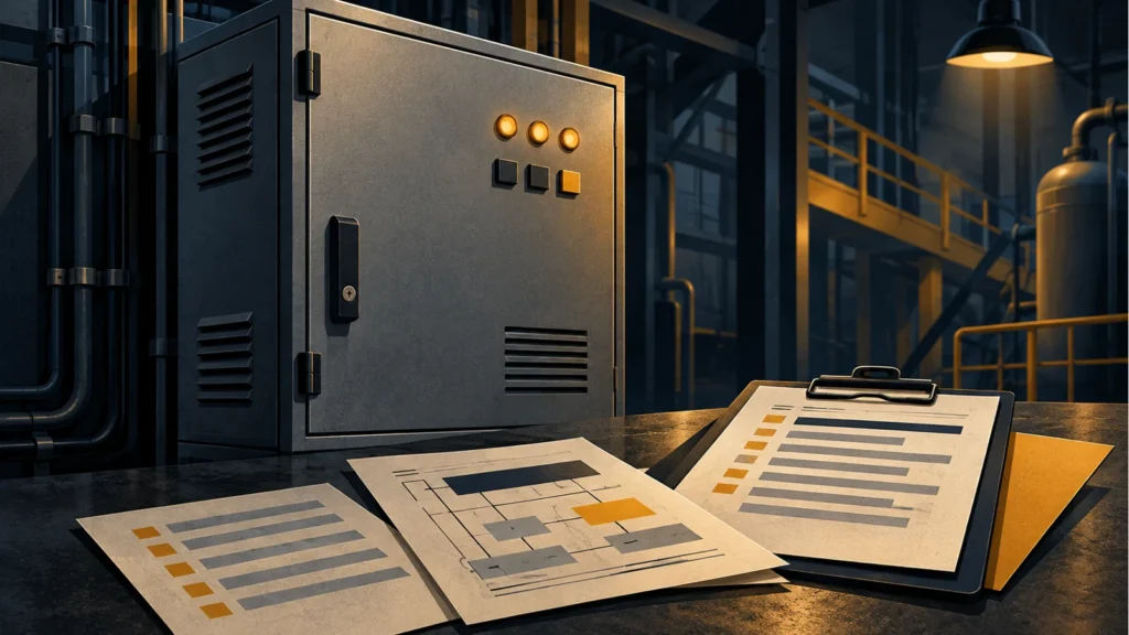 Conceptual industrial scene illustrating din rail terminal end plate spacer selection