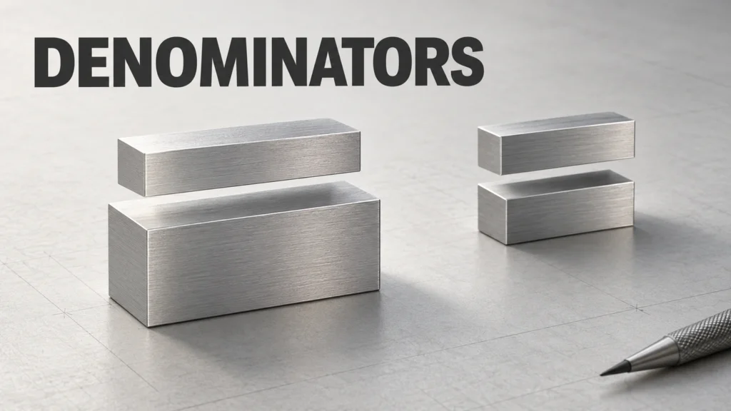 Abstract aluminum fraction sculptures with separate upper beams and lower platforms on a drafting surface