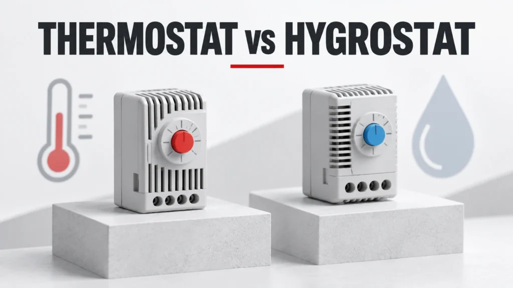 Conceptual thermostat and hygrostat modules on separate plinths