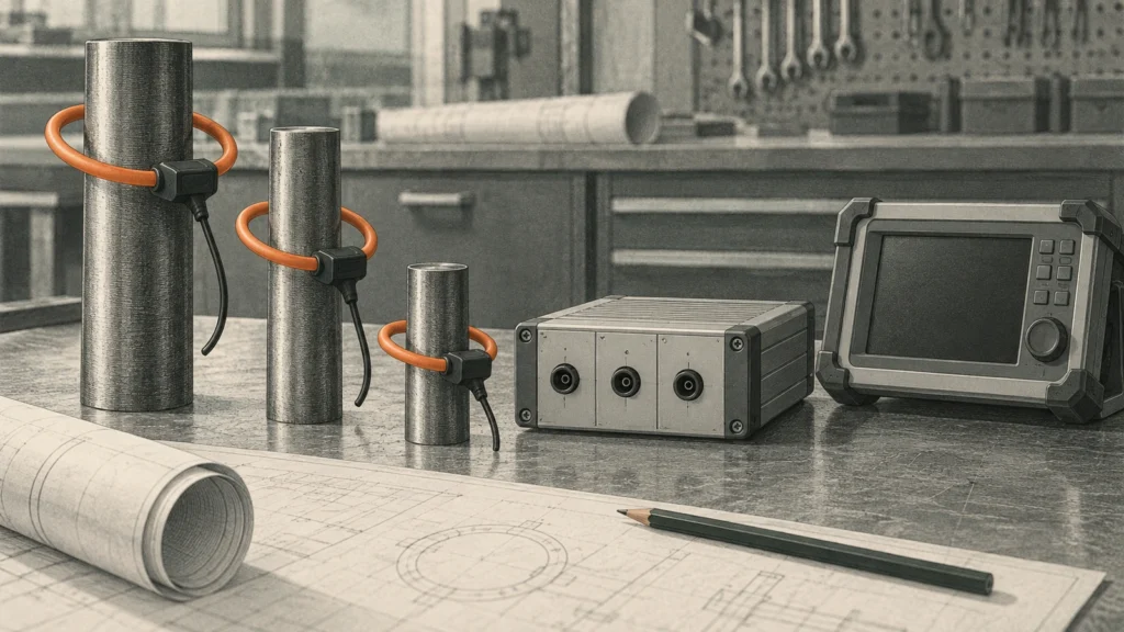 Lithographic equipment study with three flexible Rogowski loops on sample conductor props beside disconnected measurement equipment