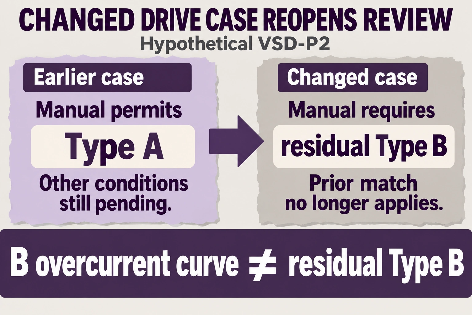An assumed Type A conditional drive case changes to a case requiring residual Type B; B overcurrent curve does not answer that requirement.