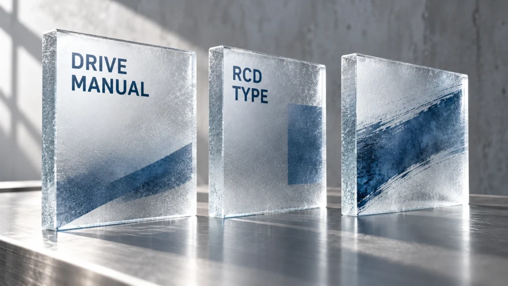 Separate frosted-glass panels labelled Drive Manual and RCD Type on a steel worktable