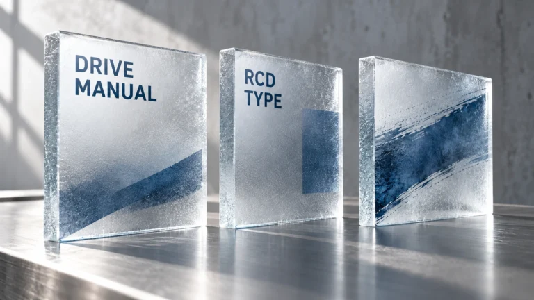 Separate frosted-glass panels labelled Drive Manual and RCD Type on a steel worktable