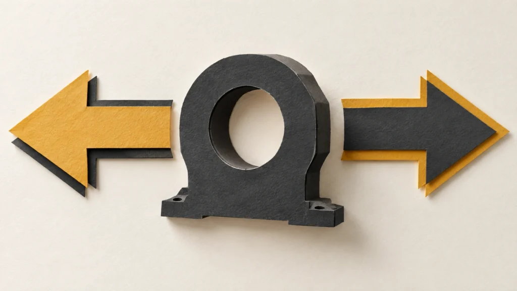 Layered paper relief with opposing arrow shapes beside an abstract generic current-sensor ring.
