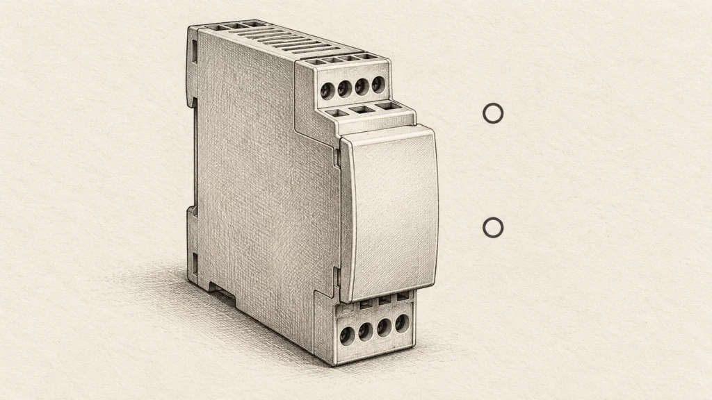 Etched illustration of a generic DIN-rail transducer enclosure beside separate abstract node marks on ivory paper.